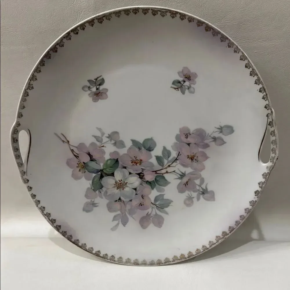 Schumann Germany White Pink Floral Porcelain Serveware Plate 9 1/2 In Gold Trim